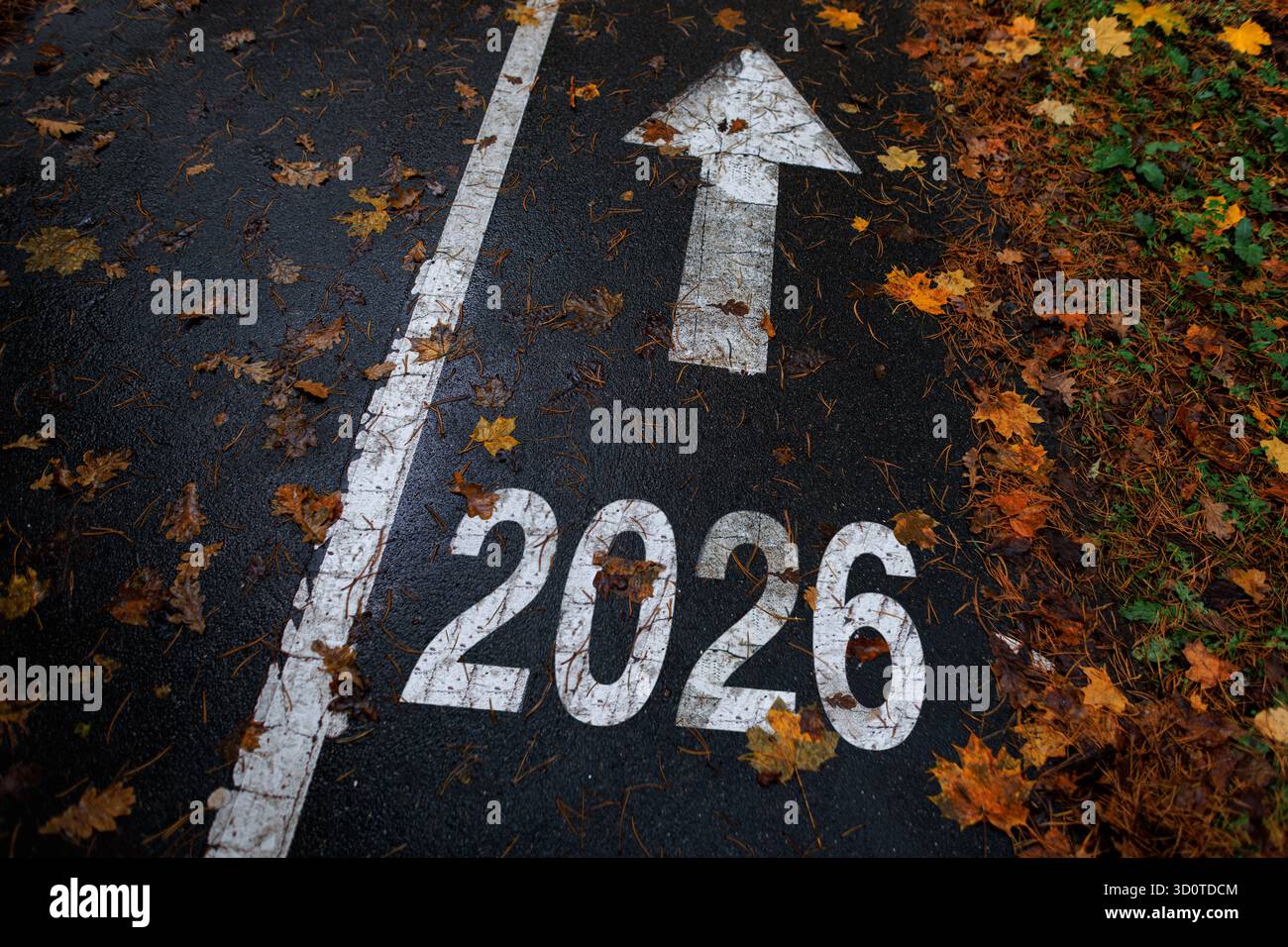 Autumn Of 2026 Hi Res Stock Photography And Images Alamy Road Marking With The Number 2026 And An Arrow Pointing Forward Symbolizing Future Progress And New Beginnings Autumn Leaves Scattered On The Path 3D0TDCM 