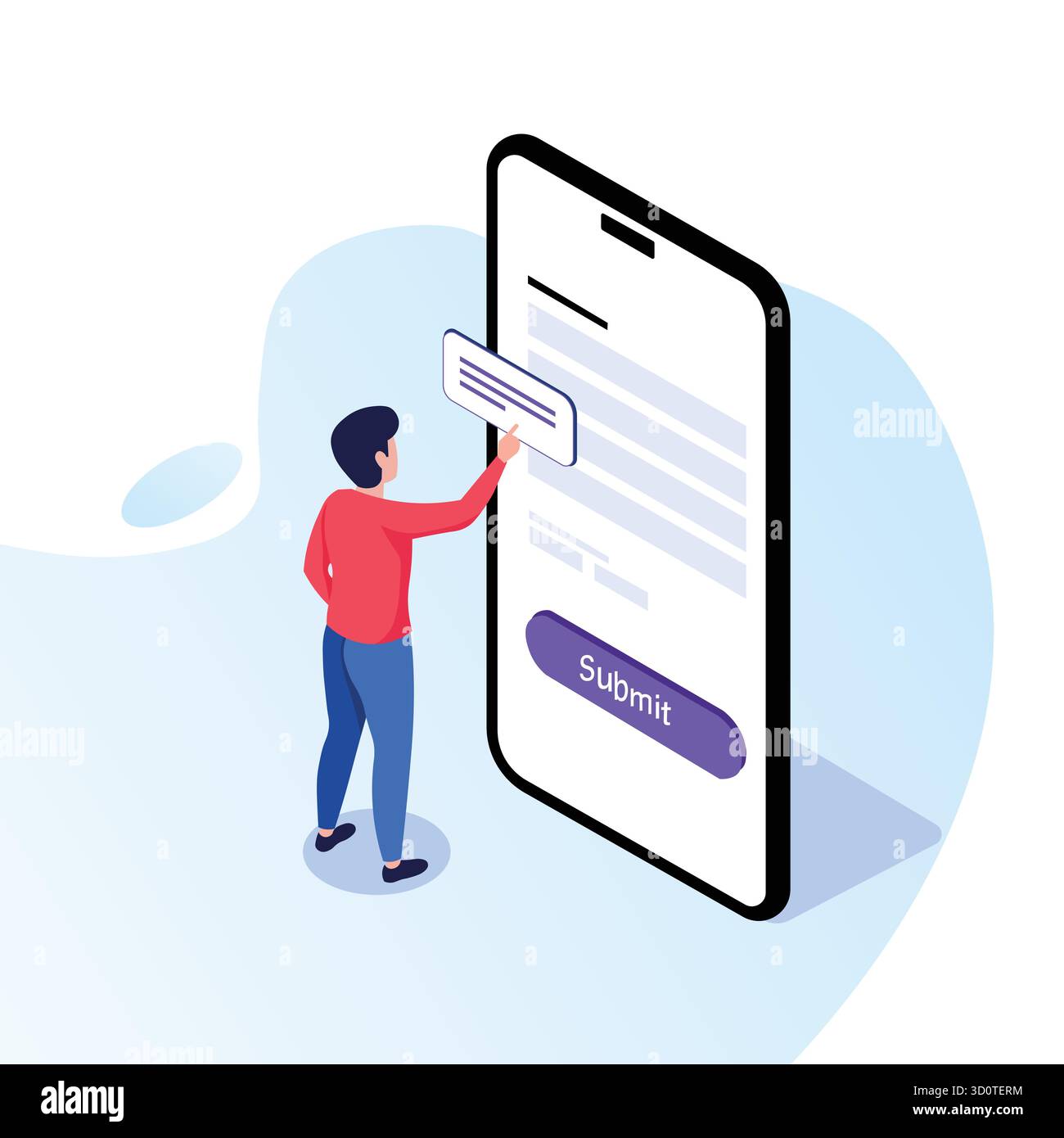 Person submitting form on smartphone with submit button, standing against a light blue background Stock Vector