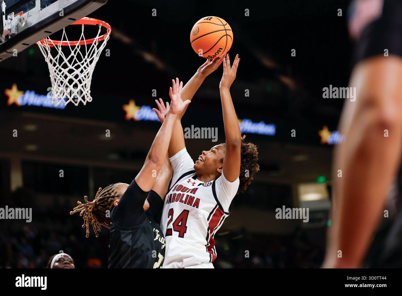 South Carolina guard Ayla McDowell (24) shoots over Anderson forward