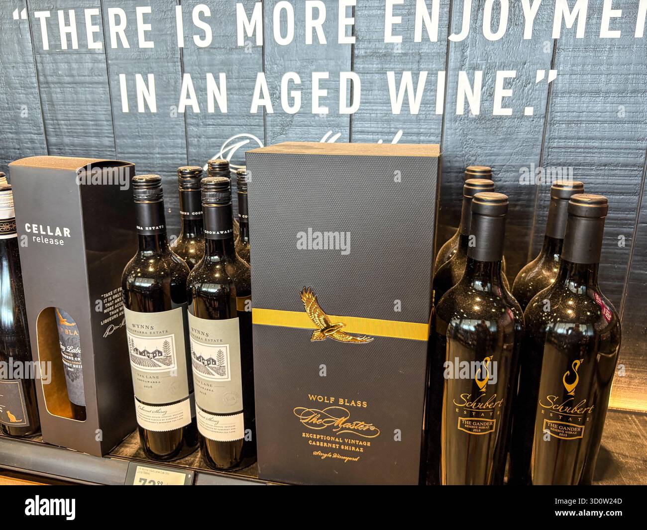 Aged red wines, Wolf Blass vintage cabernet shiraz, Schubert estate reserve shiraz, Wynns Coonawarra cabernet shiraz, wine shop, Sydney,Australia - Smartphone Captured Stock Image