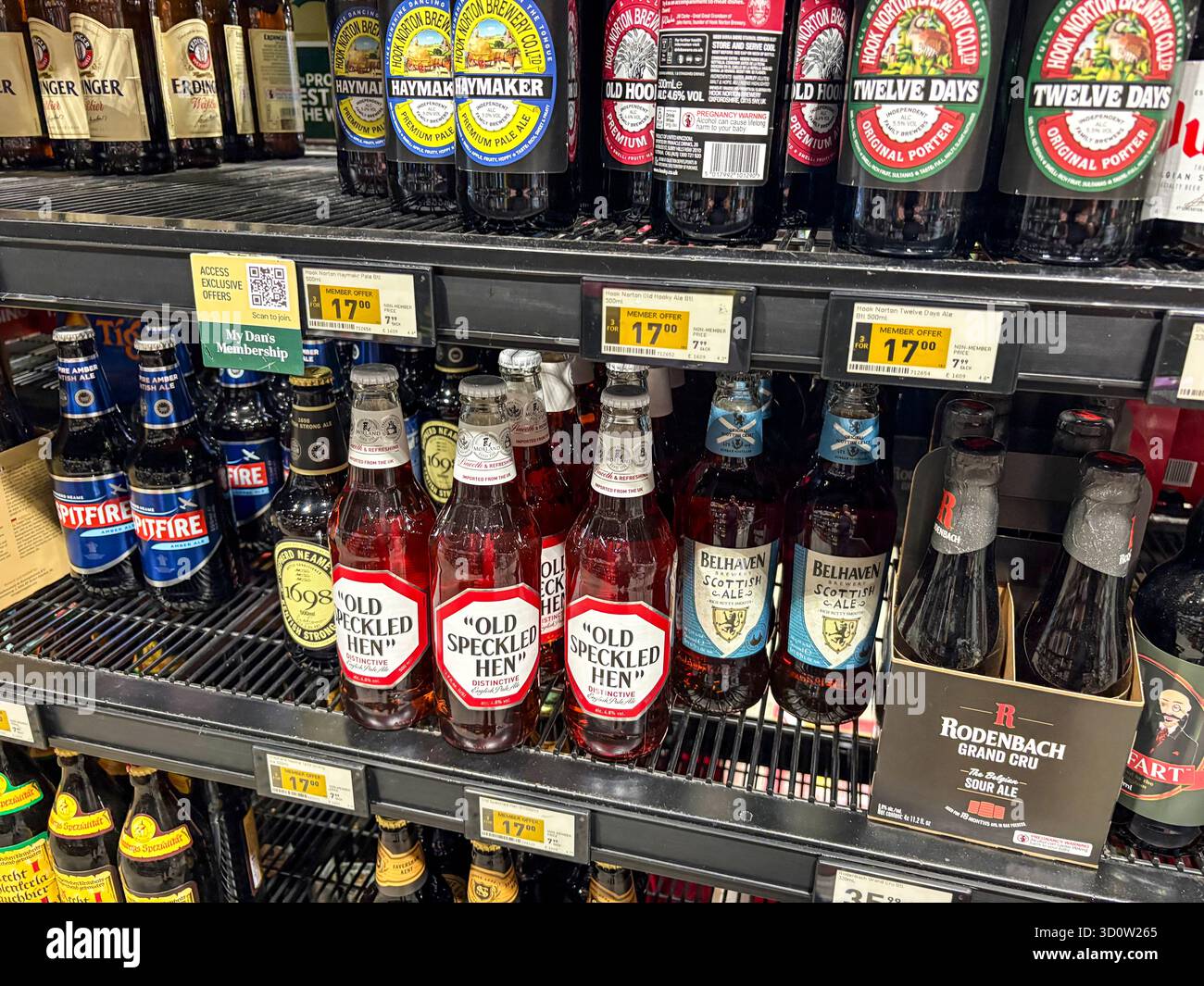 British beer, Old Speckled Hen, Hook Norton haymaker and twelve days, Bellhaven ale, and Spitfire beer exported and for sale in Sydney shop, Australia - Smartphone Captured Stock Image