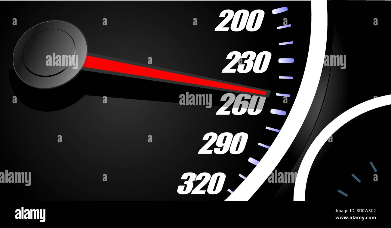 Speedometer with red needle pointing at high speed showing over speed ...