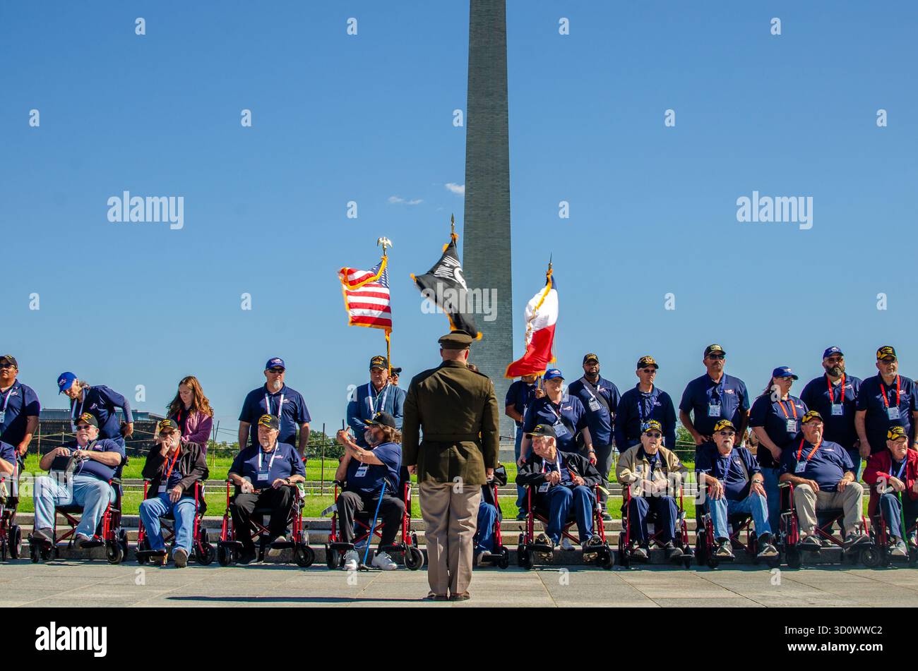 Veterans Honor Flight Wreath Laying Ceremony at Washington Monument, Washington D.C. USA Stock Photo
