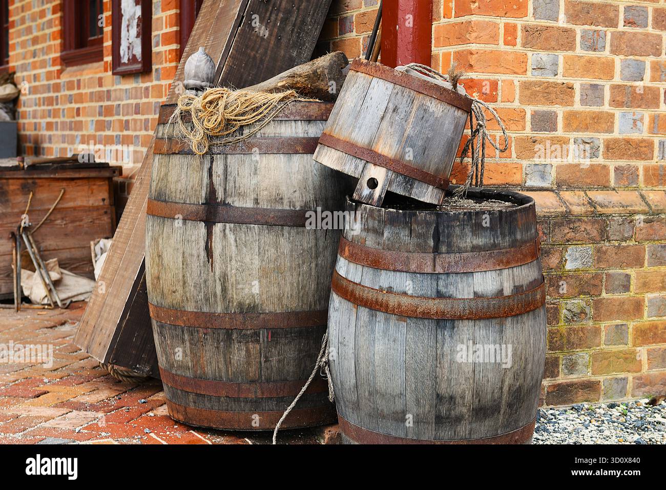 Rope and barrels at the Colonial Williamsburg guardhouse Stock Photo ...