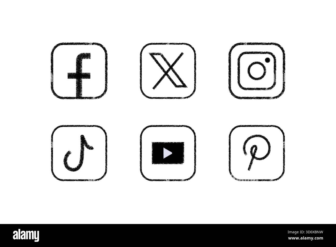 Hand drawn social media icons set featuring popular platforms in a grungy textured style for digital design projects. - Stock Image