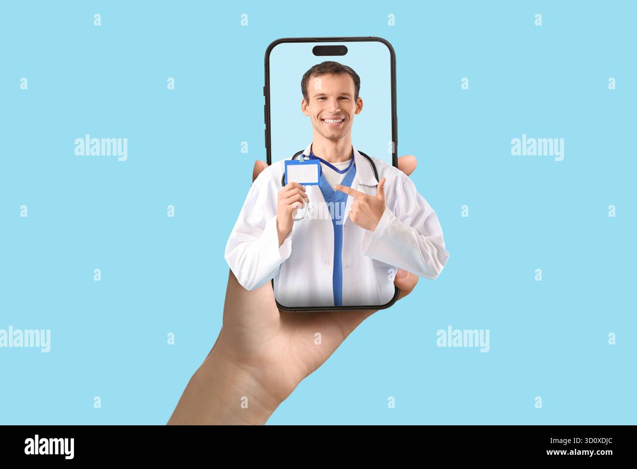 Patient holding smartphone with male doctor looking out of screen against blue background. Concept of telemedicine Stock Photo
