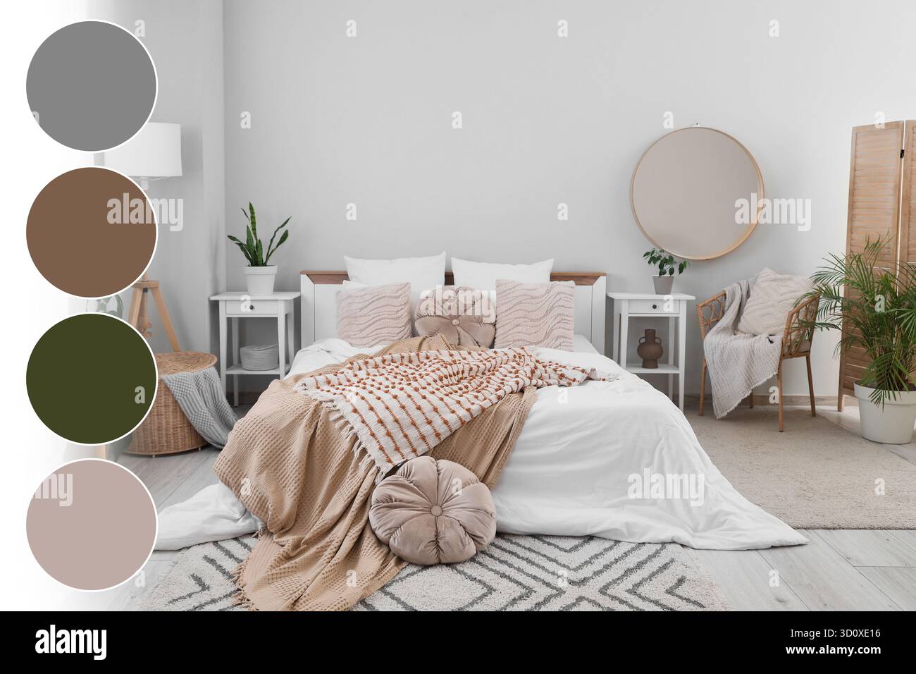 Stylish interior of bedroom. Different color patterns Stock Photo