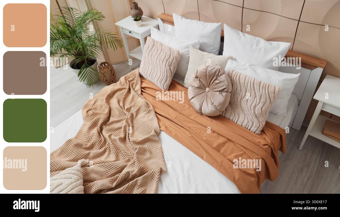 Stylish interior of bedroom. Different color patterns Stock Photo
