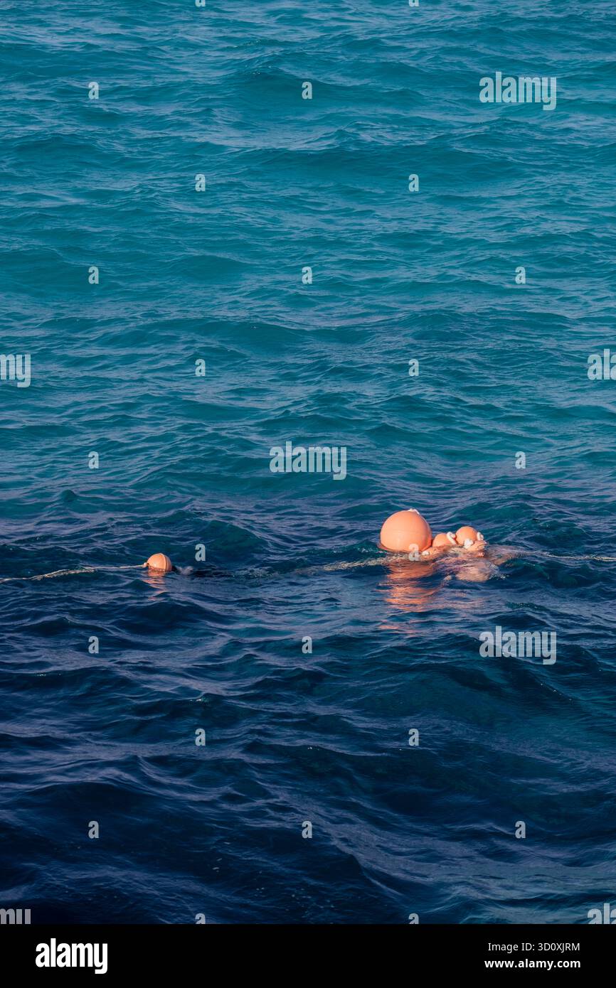 Lifebuoys in the blue water of the Mediterranean, North Coast, Egypt Stock Photo