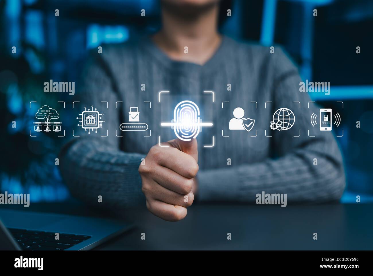 Biometric Identity Authentication System. Using biometric fingerprint scanning for secure login, representing digital identity, cybersecurity, Stock Photo