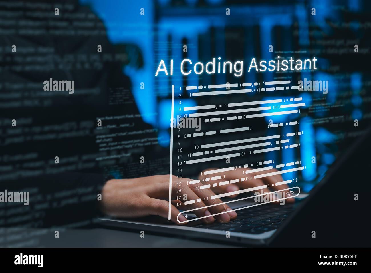 AI coding assistant helping developer write code on laptop with virtual interface, symbolizing artificial intelligence in programming, automation Stock Photo