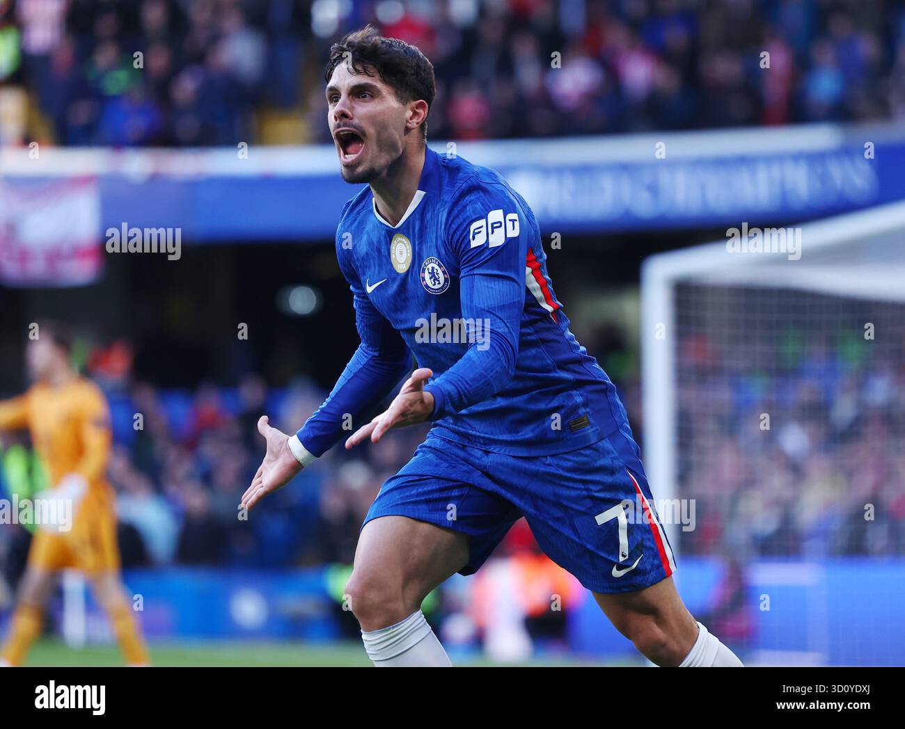 London, England, 25th October 2025. Pedro Neto of Chelsea shouts at the ...