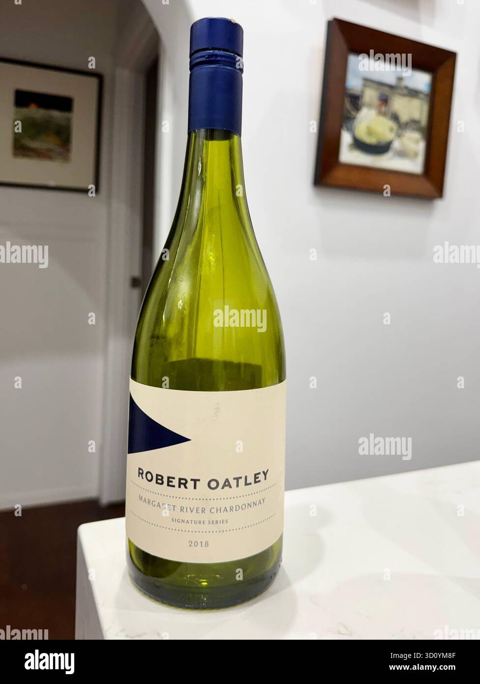 Bottle of white wine Robert Oatley Margaret River 2018 Signature Series Chardonnay Western Australia - Smartphone Captured Stock Image