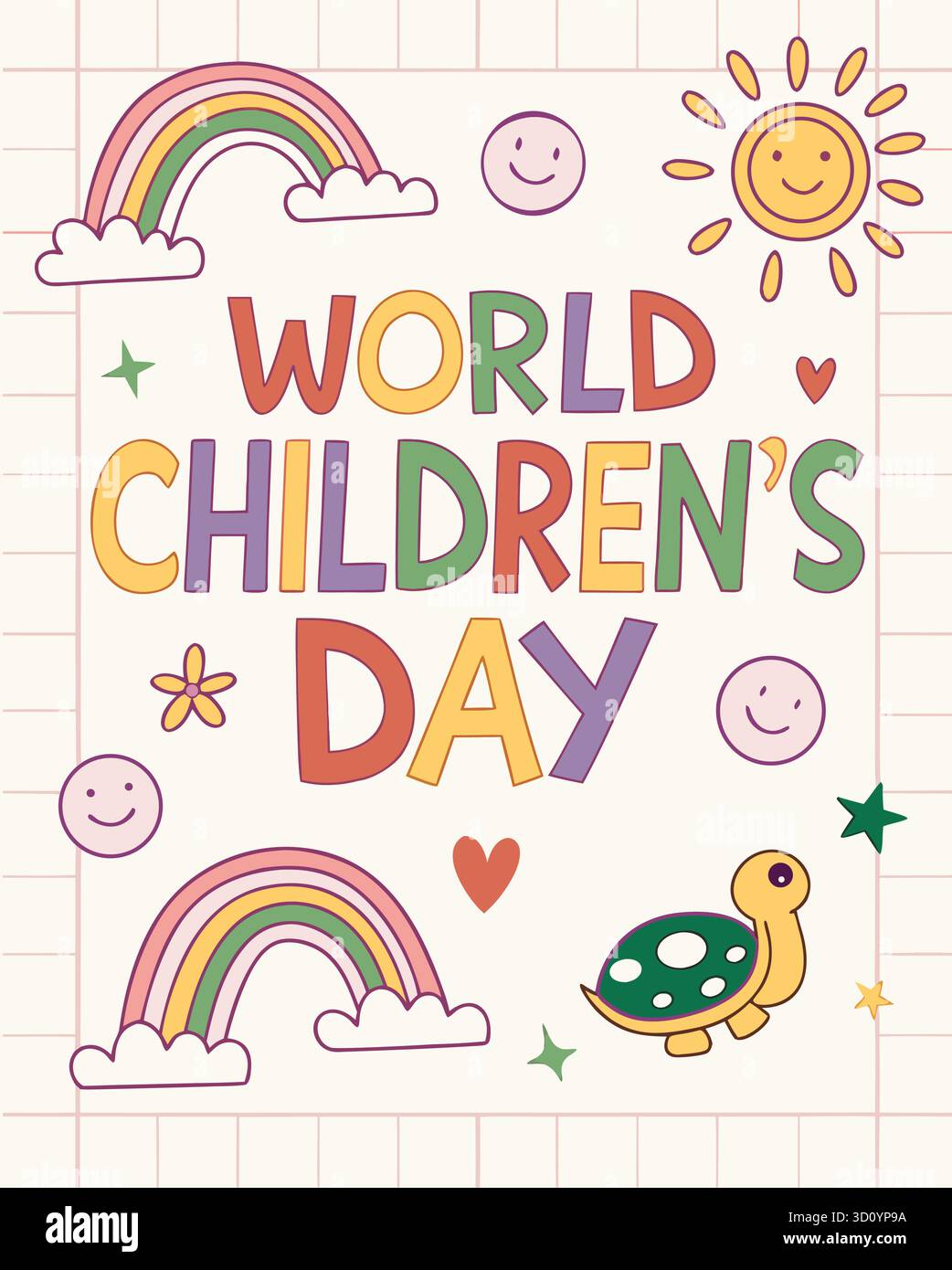 World Children's Day Retro Groovy Illustration with Rainbows, Sun, and ...