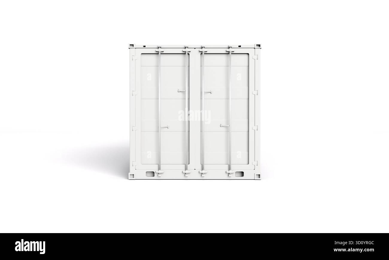 Isolated 3D mockup rendering showing white shipping container front ...