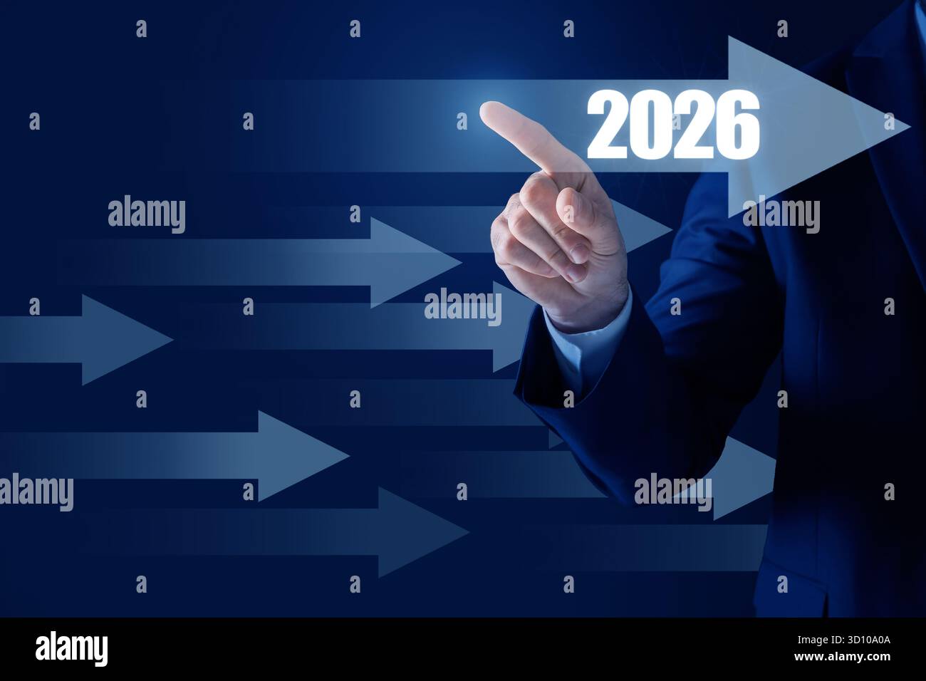 Businessman Swiping Arrow With 2026 Numbers On Virtual Screen Against Businessman Swiping Arrow With 2026 Numbers On Virtual Screen Against Dark Blue Background Closeup New Year Goals And Plans 3D10A0A 