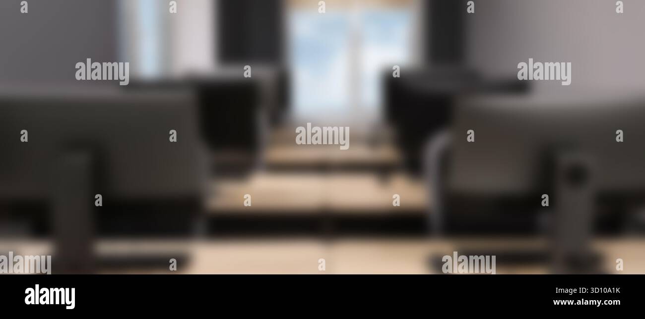 Tables and computers in office, blurred view Stock Photo