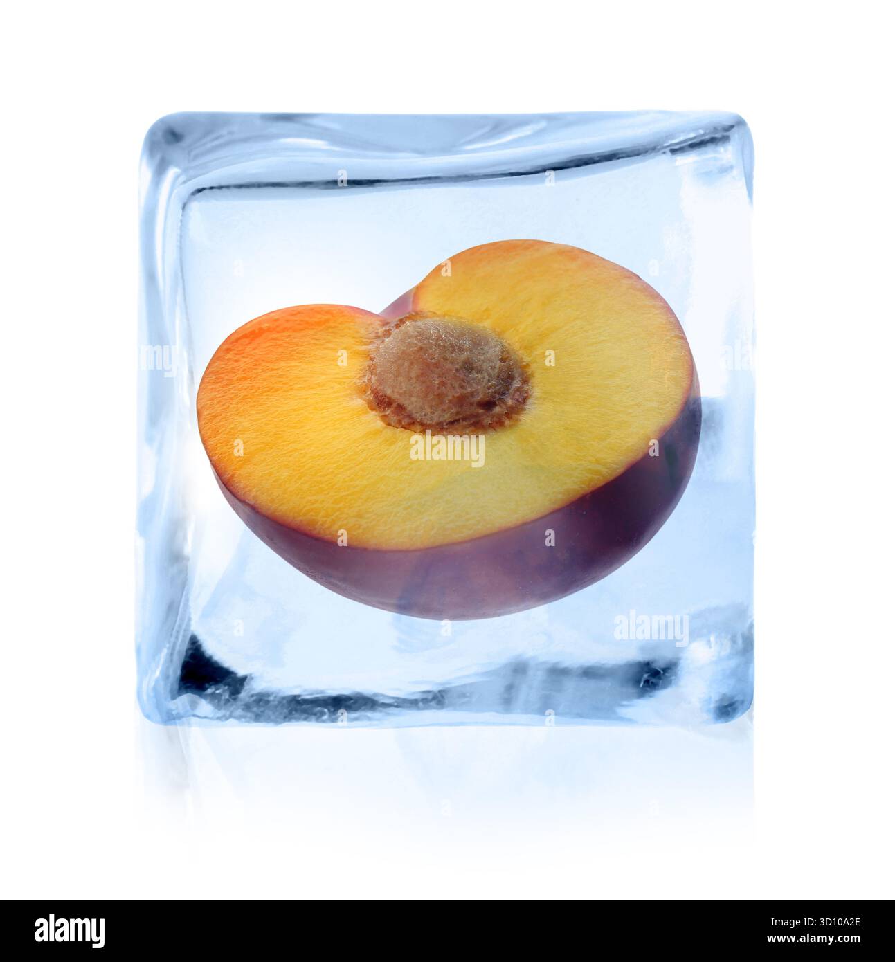 Half of plum inside ice cube isolated on white Stock Photo