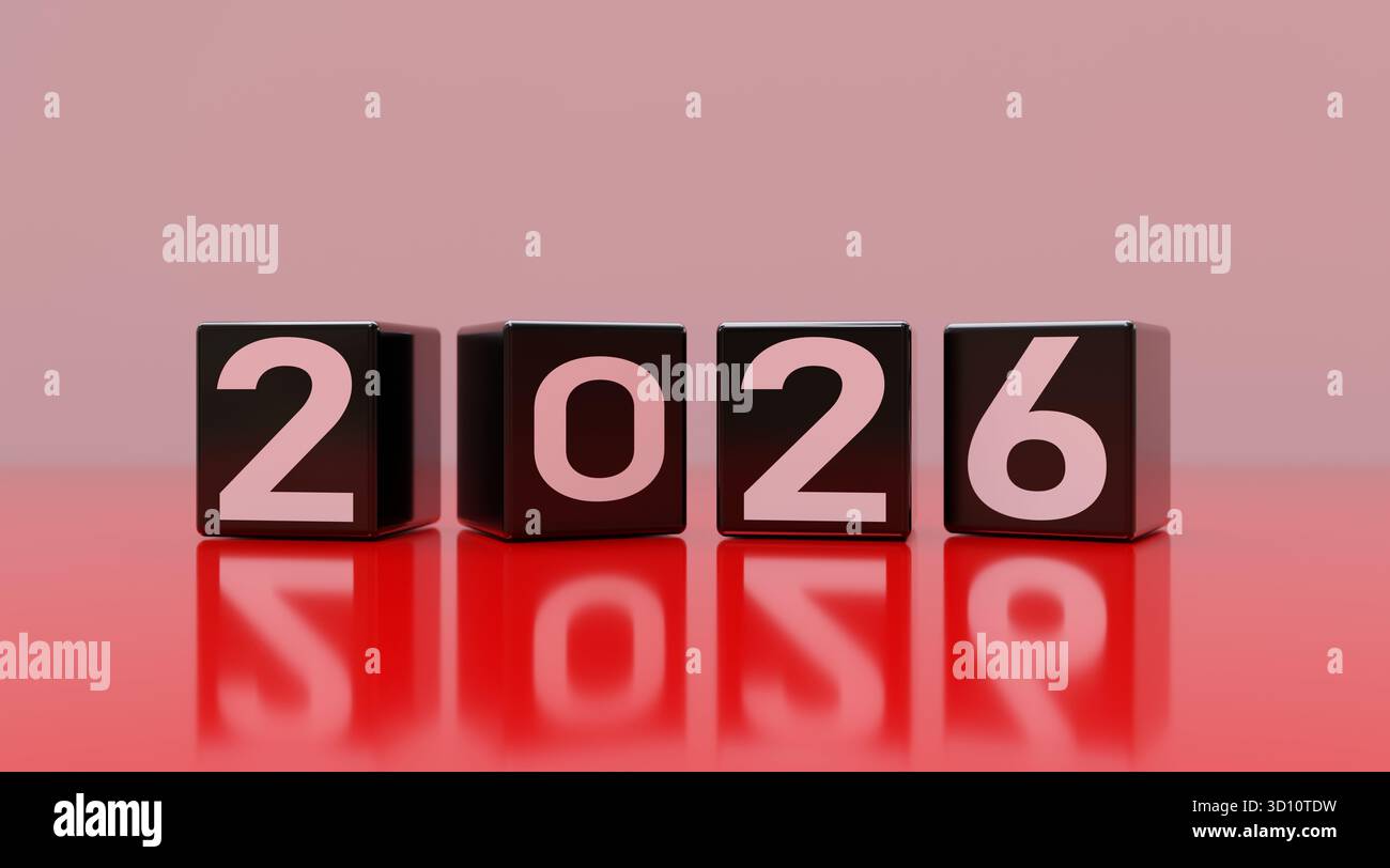 2026 Happy New Year. Cube blocks with digits red reflections, 3d render Stock Photo