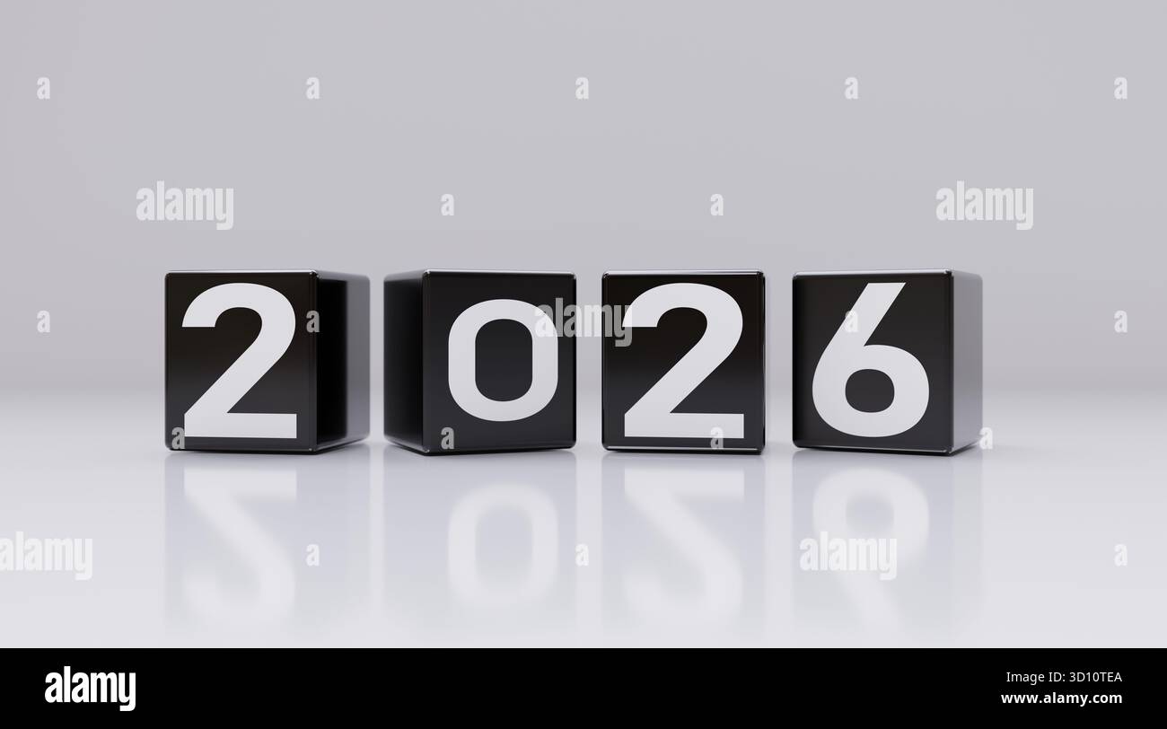 2026 Happy New Year. Cube blocks with digits on grey background, 3d render Stock Photo