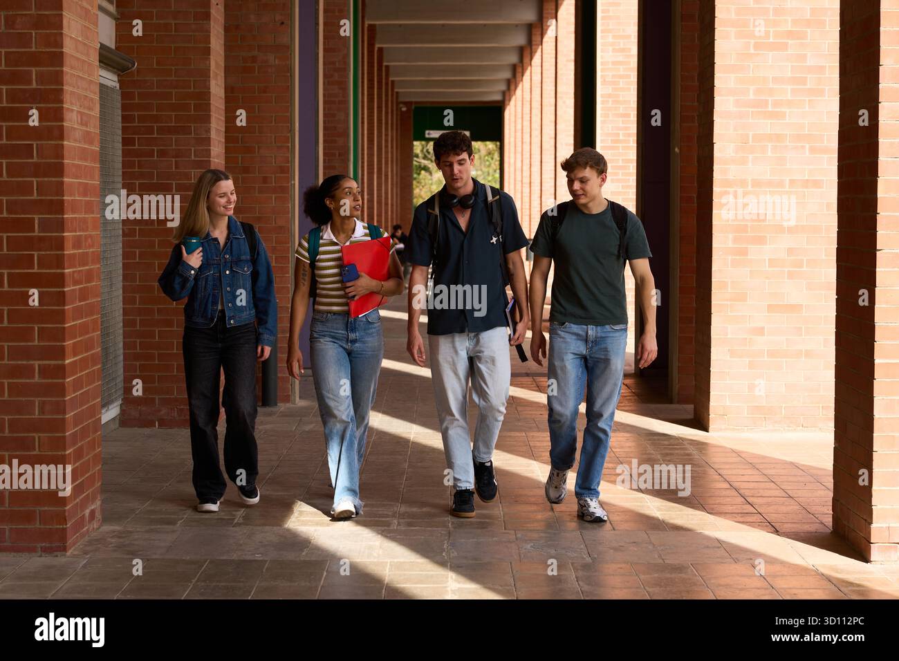 Diverse students walking on campus discussing university life Stock Photo