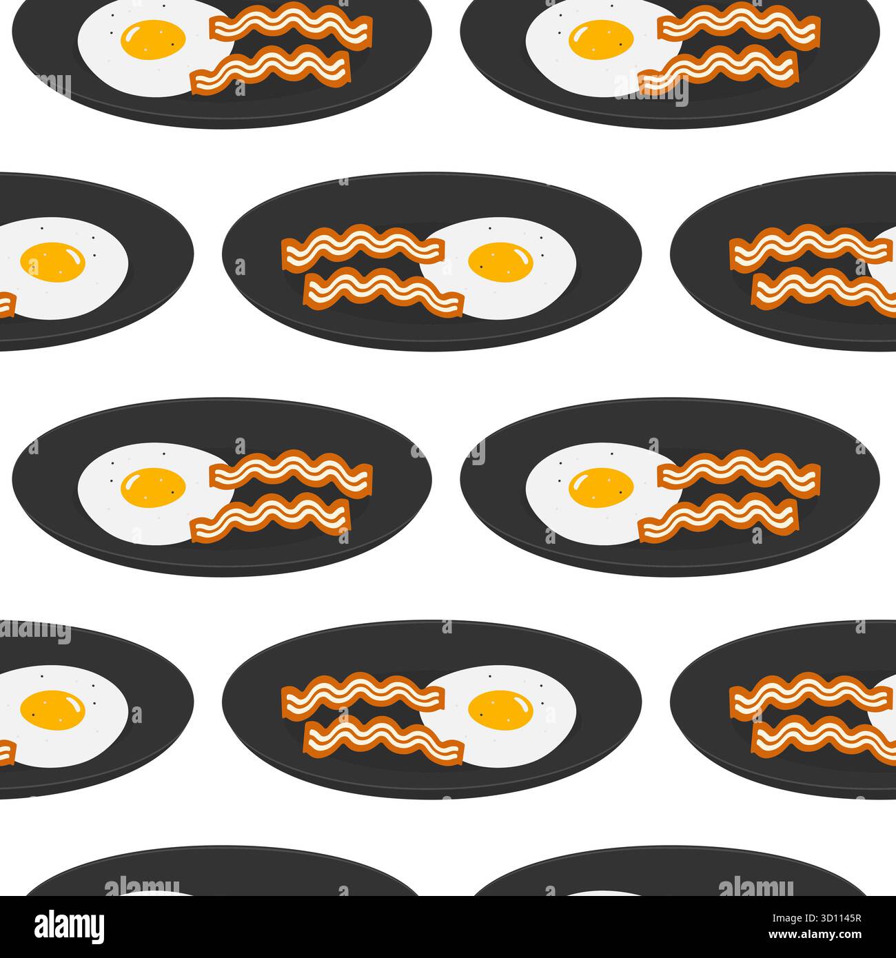 Seasoned Egg and Bacon Stripes on Plate Seamless Pattern Traditional Breakfast Backdrop Design idea. Isolated Vector illustration Food Poster or Culinary Backdrop Banners, leaflets, labels, price tag Stock Vector