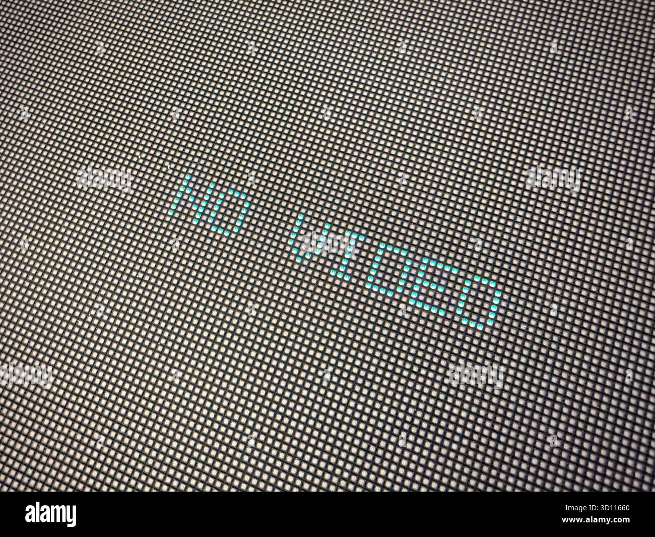 Close view of an LED display showing the text no video. Concept for technology error connection problem or signal loss in digital communication and ha Stock Photo