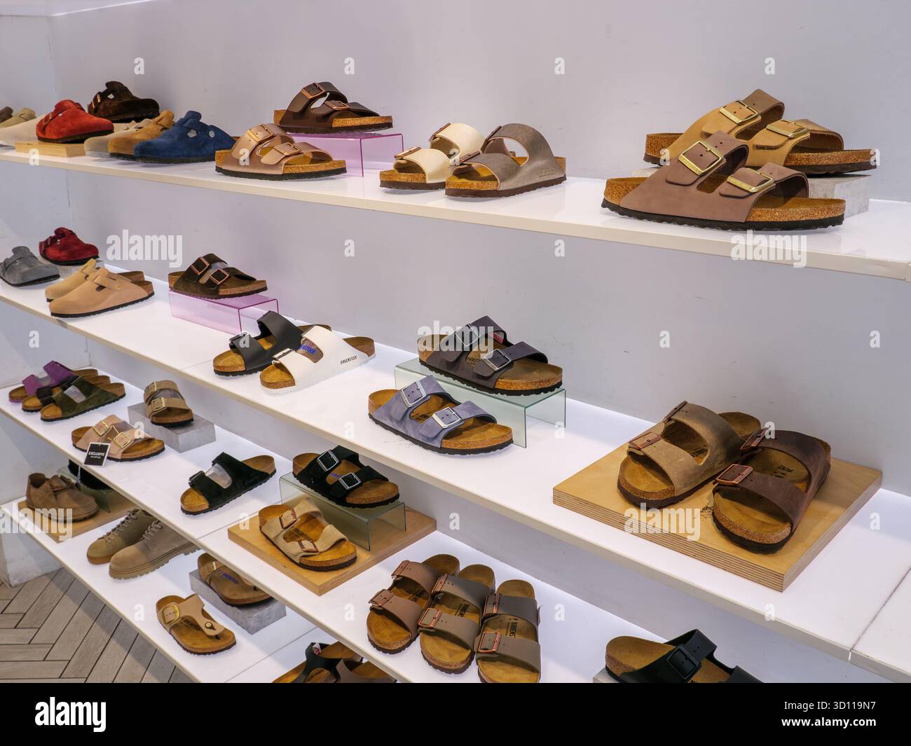 Birkenstock sandals on display inside a shoe shop, England, UK Stock ...