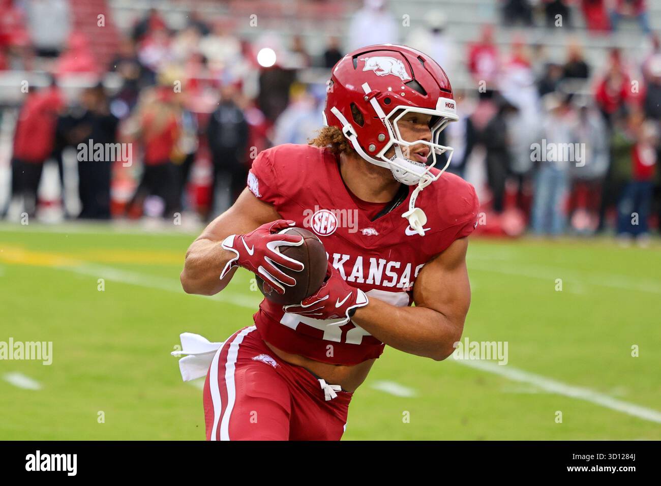 October 25, 2025: Razorback tight end Rohan Jones (88) turns up the ...