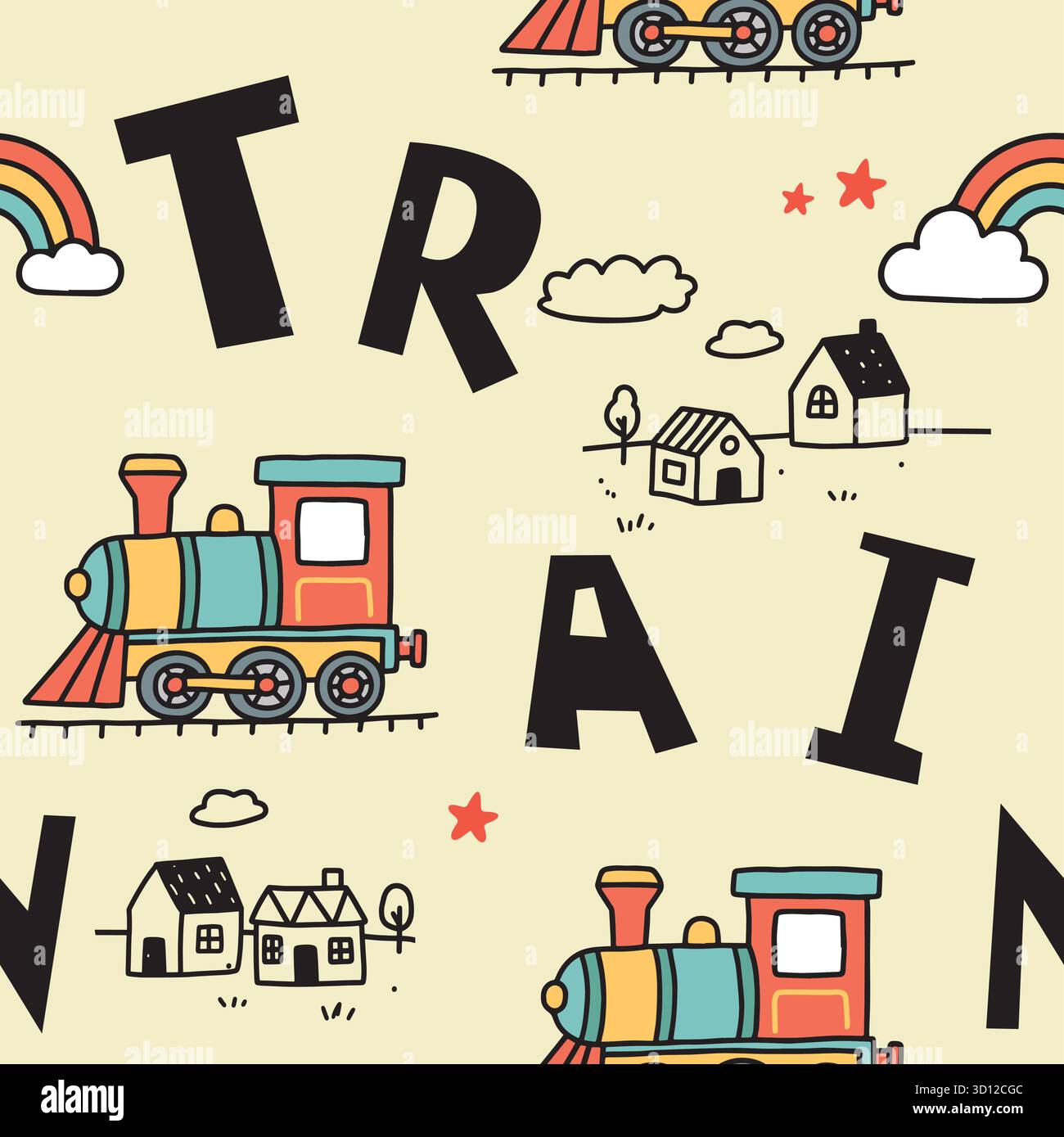 train doodle seamless pattern Stock Vector