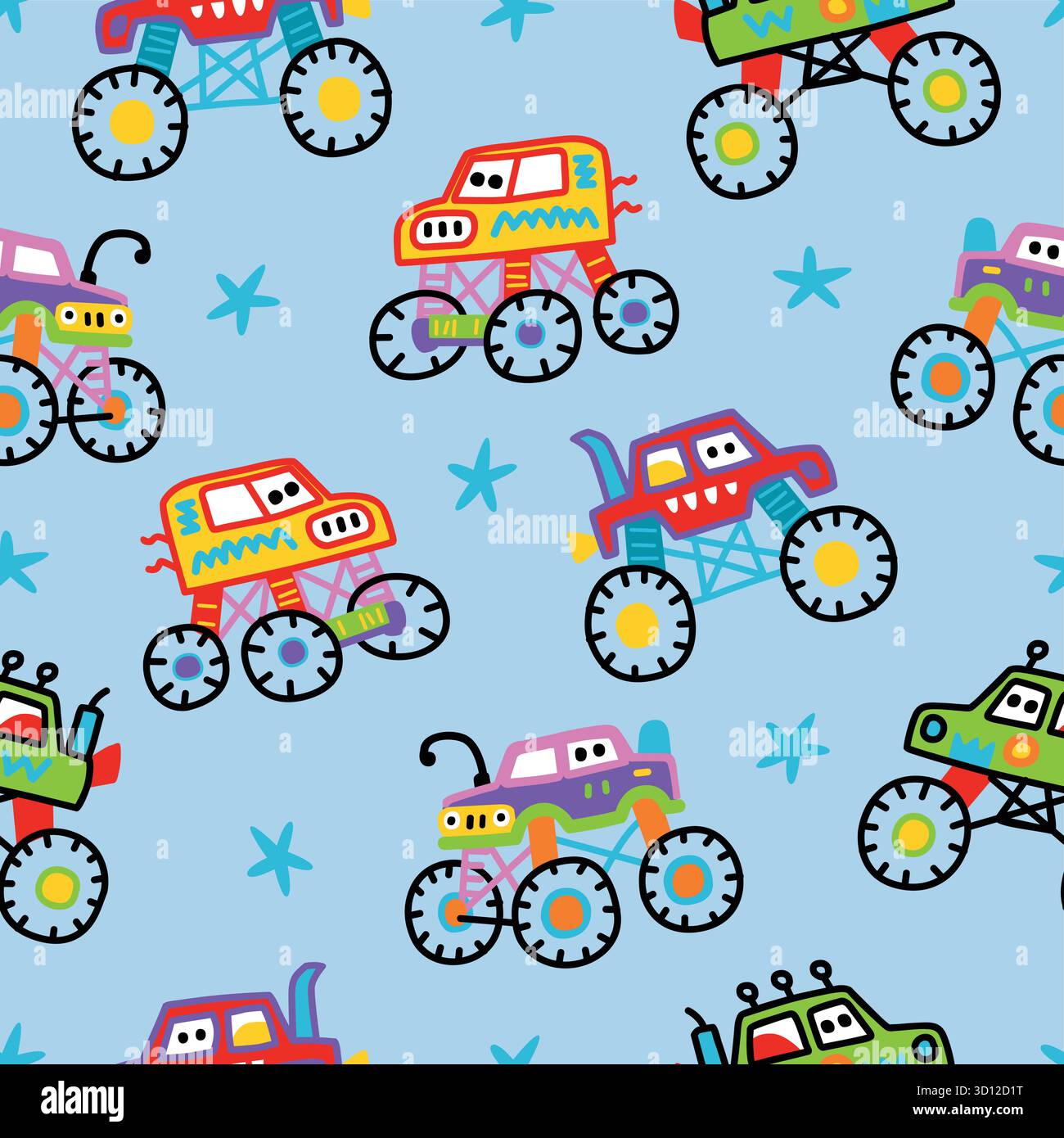 monster truck and car doodle seamless pattern Stock Vector
