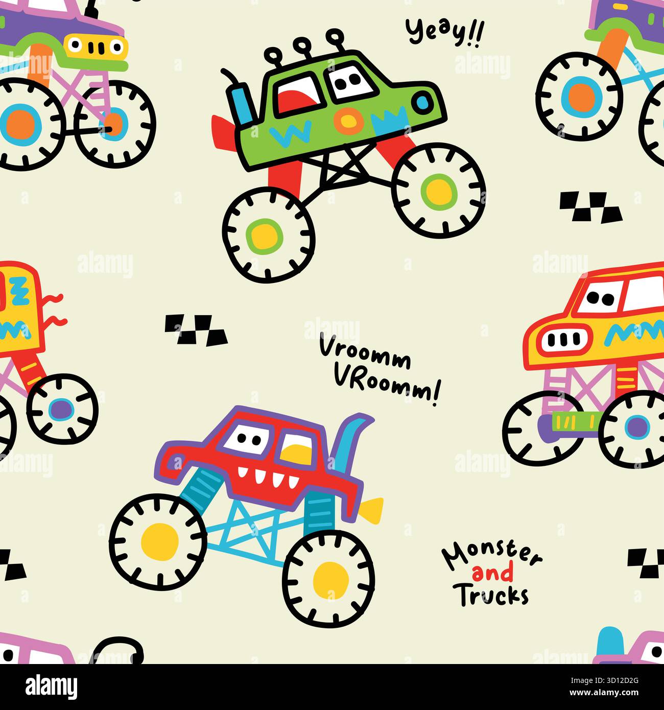 monster truck and car doodle seamless pattern Stock Vector