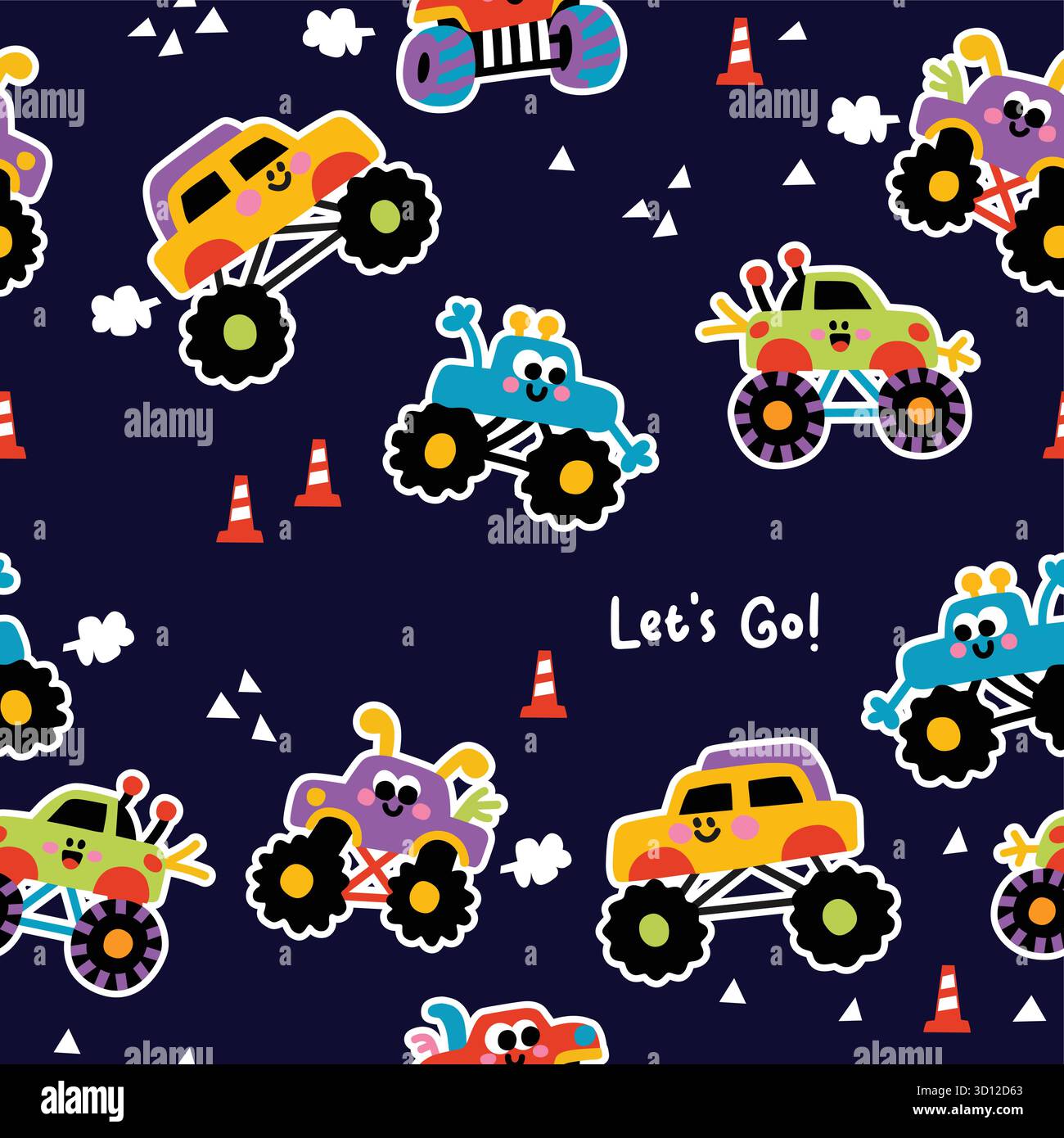 Monster Truck Seamless Pattern Vector Set Stock Vector