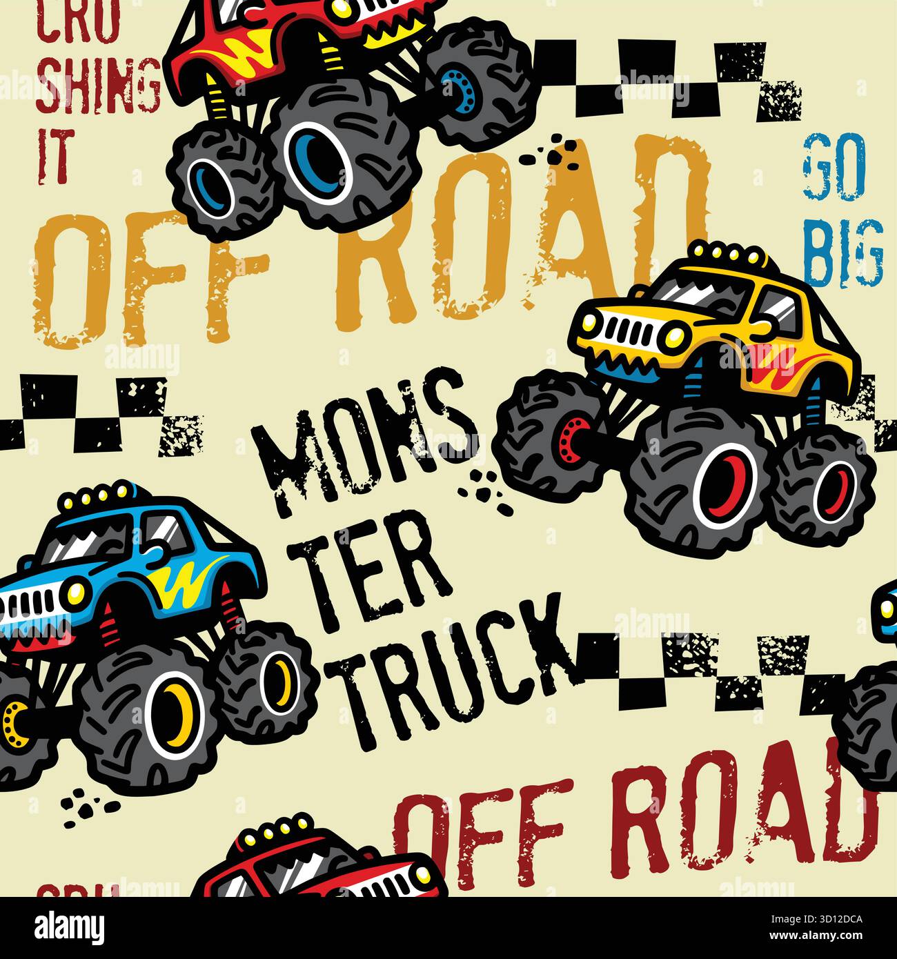 Monster Truck Seamless Pattern Vector Set Stock Vector