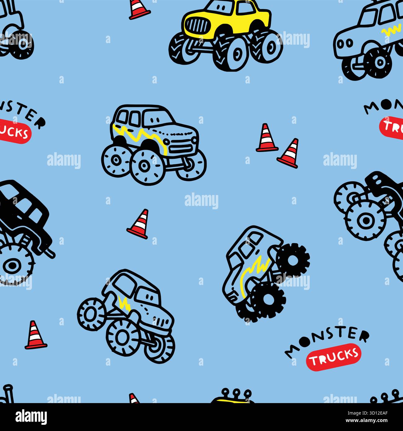 Monster Truck Seamless Pattern Vector Set Stock Vector