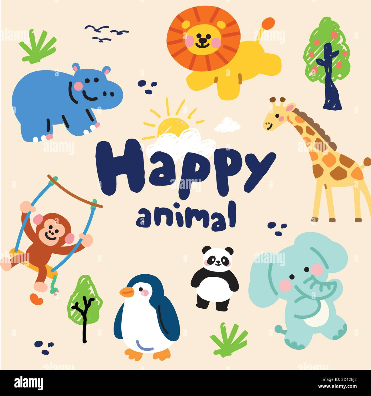 Animal jungle cute pattern seamless Set Stock Vector