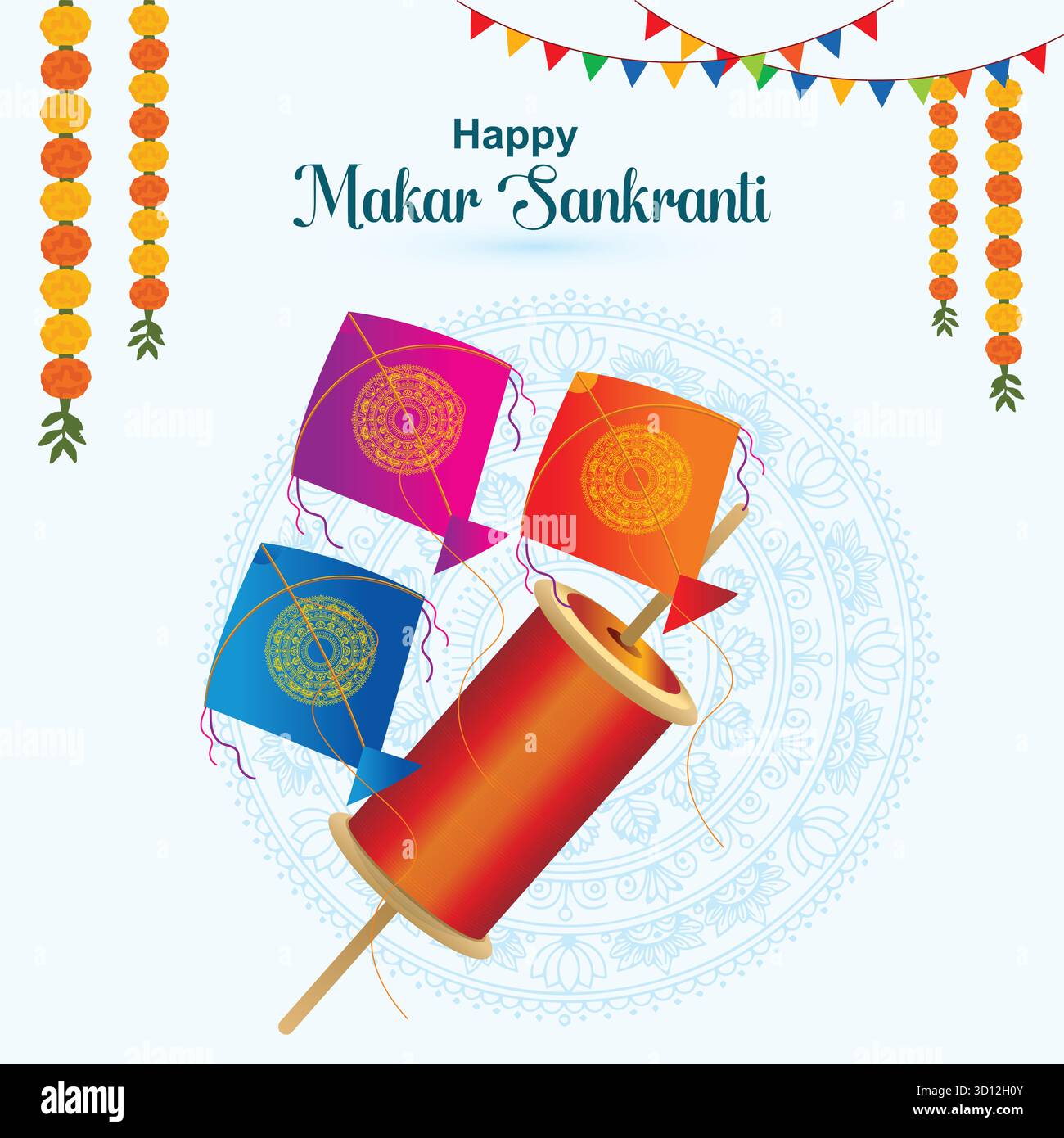 Three colorful kites and spool Makar Sankranti celebration background thread Stock Vector