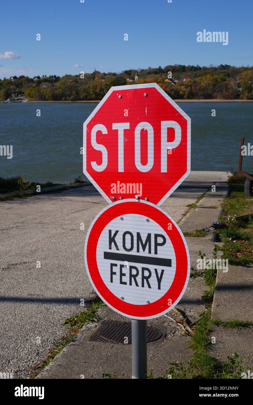 Ferry crossing sign, Tököl, River Danube, Csepel Island, Hungary Stock Photo