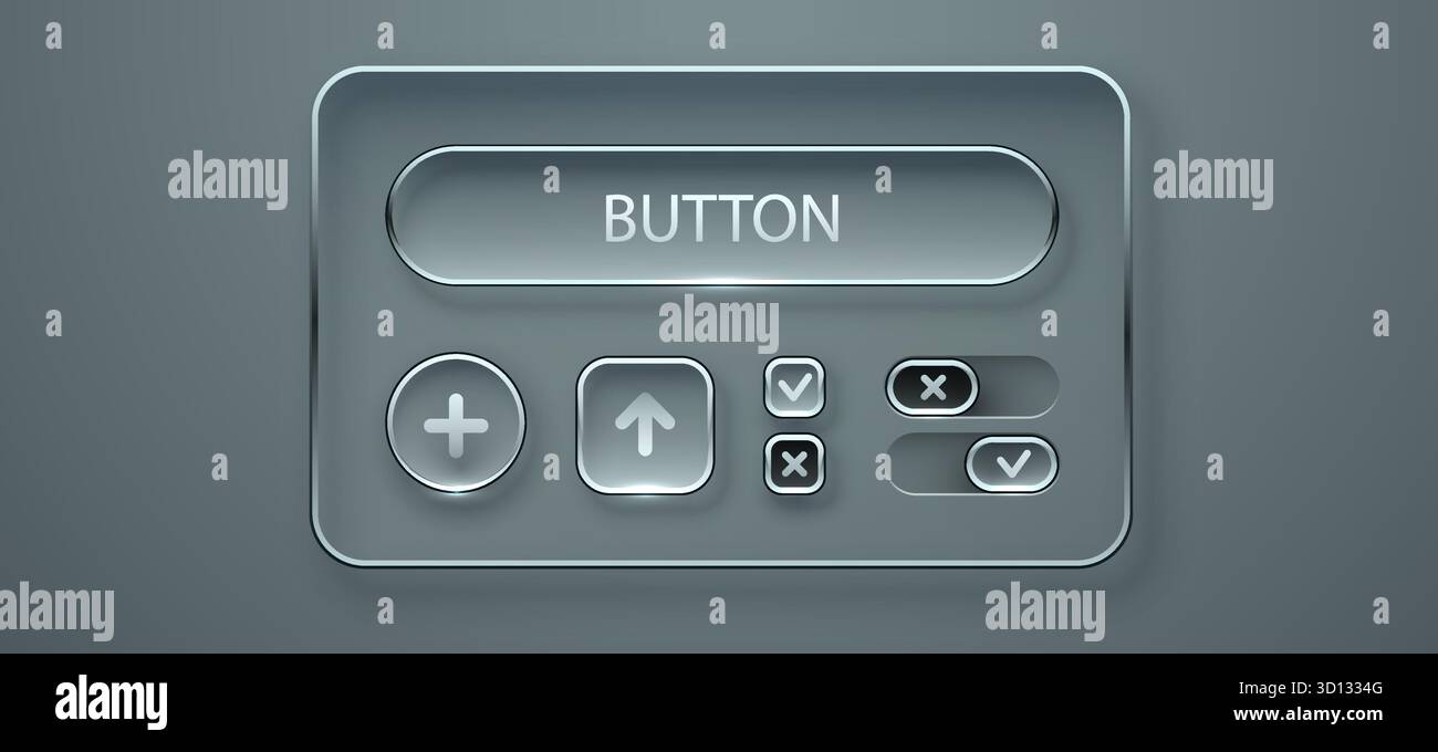 Modern Glassmorphism UI elements set. User interface design featuring various buttons and toggle controls. Vector illustration Stock Vector