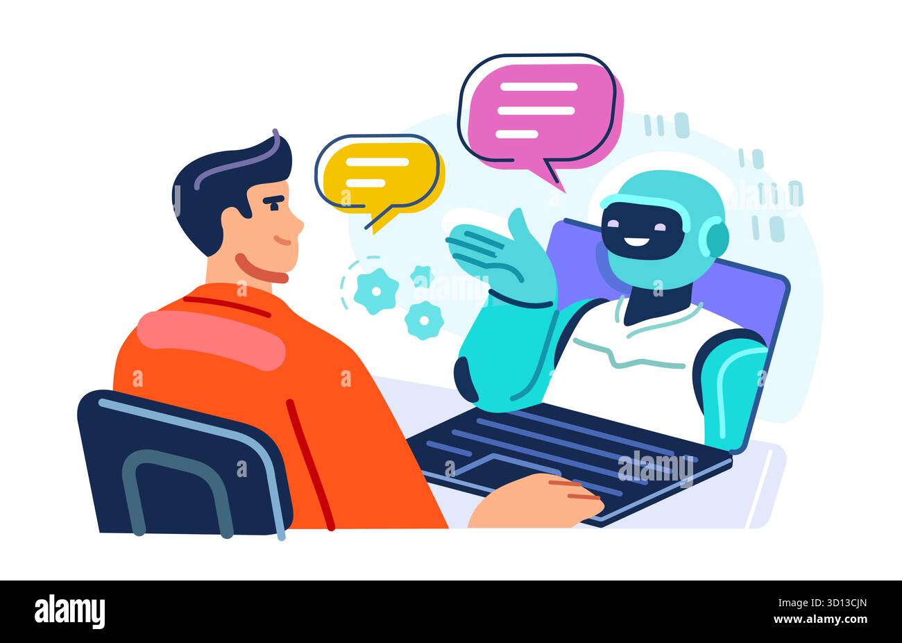 AI assistant, online consultation. Man using laptop with robot assistant. Artificial intelligence technology Stock Vector