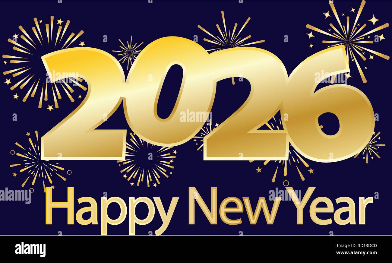 Happy New Year 2026 banner element with exploding fireworks on a dark blue background Stock Vector
