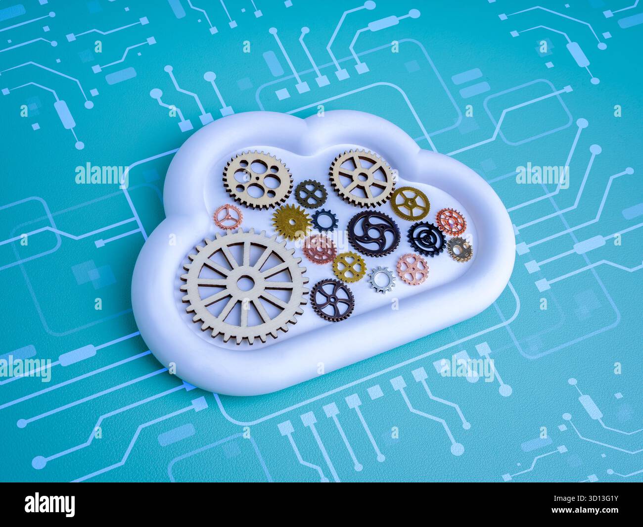 Cloud computing system concept with mechanical gears inside white cloud icon with circuit pattern, symbolizing automation, cloud technology management Stock Photo