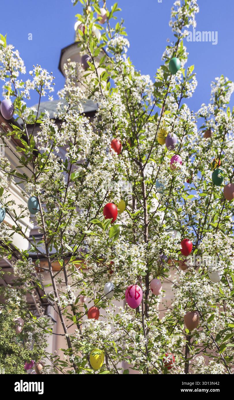 Easter eggs decorated on blooming tree on a Ñhurch background Stock Photo