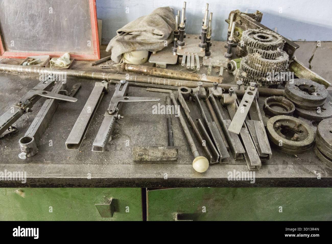 Manual retro tools in the old turning workshop Stock Photo