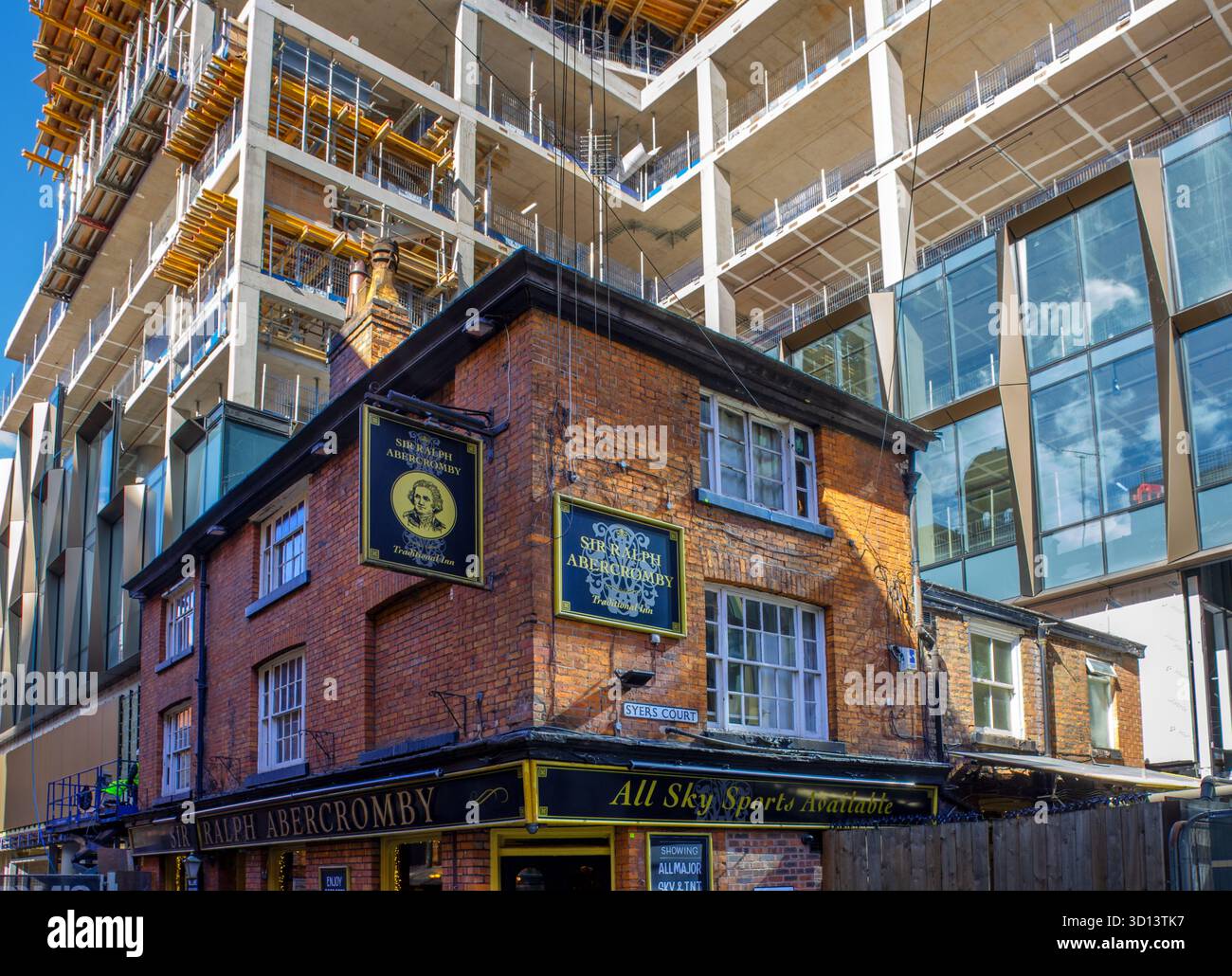 The Sir Ralph Abercrombie pub below the St. Michael's development, Sept 2025, Manchester, England, UK. Stock Photo