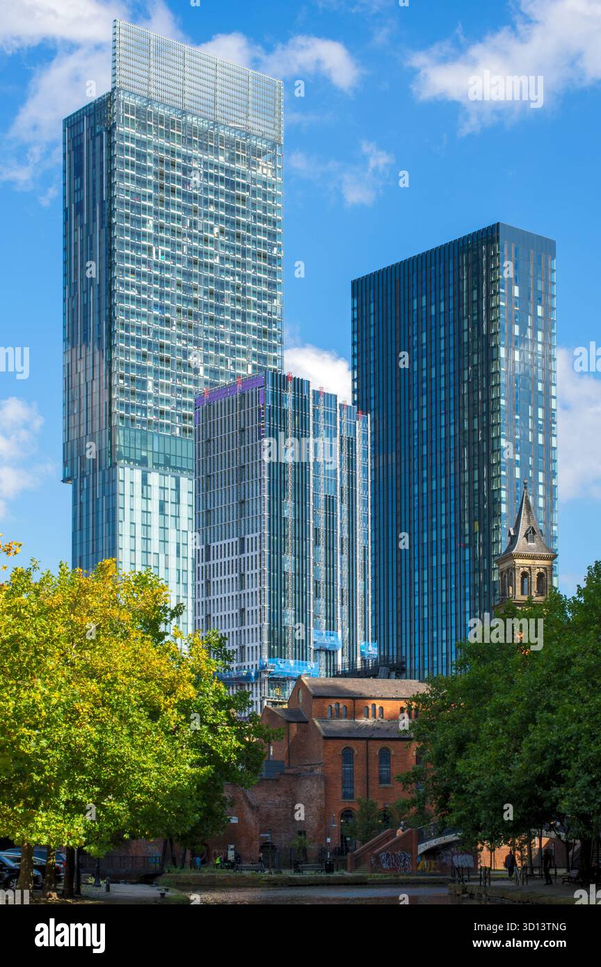 The Beetham and Viadux tower blocks from Castlefield canal basin, Manchester, England, UK Stock Photo