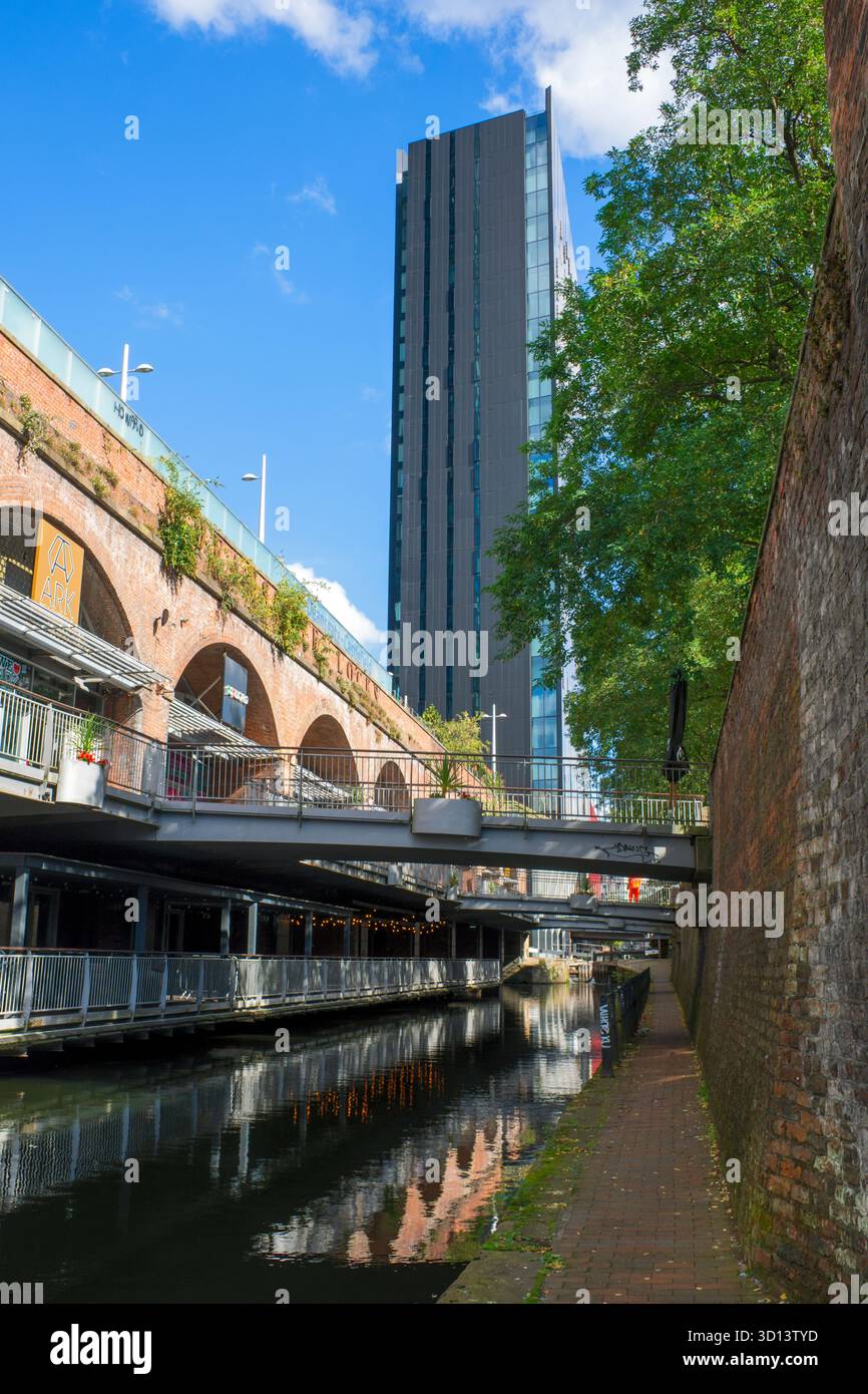 The Rochdale Canal and the Axis Tower apartment block from Deansgate Locks, Whitworth Street West, Manchester, UK Stock Photo