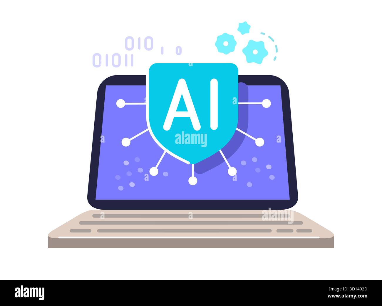 AI technology vector illustration. Artificial intelligence assistant on laptop screen. CPU microchip, digital software Stock Vector