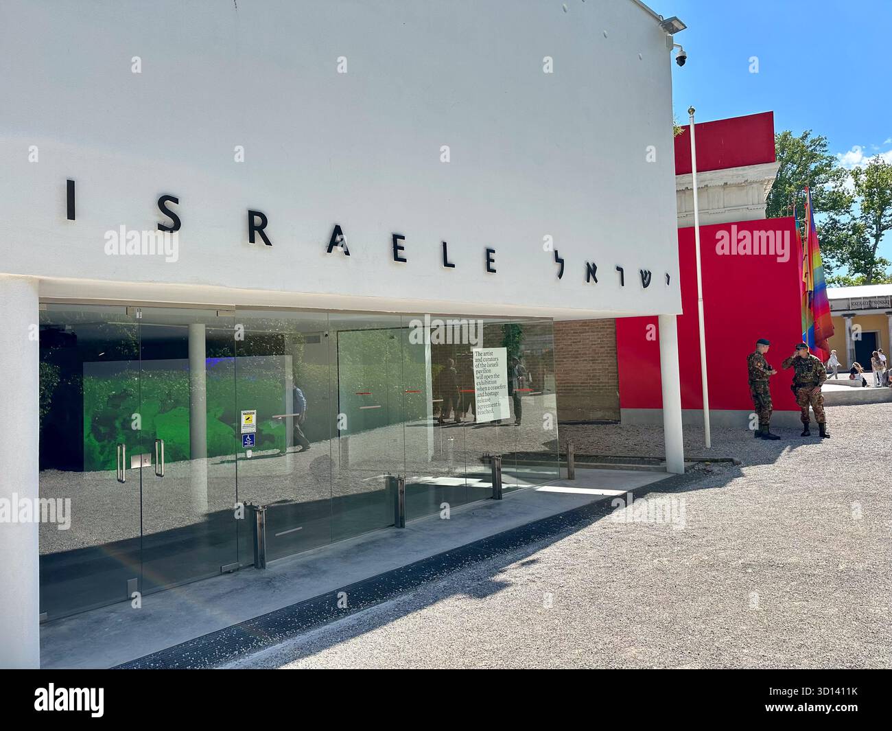 Venice, Italy - 13 June 2024: The Israeli pavilion at the Venice Biennale Giardini, shut down in protest to demand a ceasefire and hostage release in - Smartphone Captured Stock Image