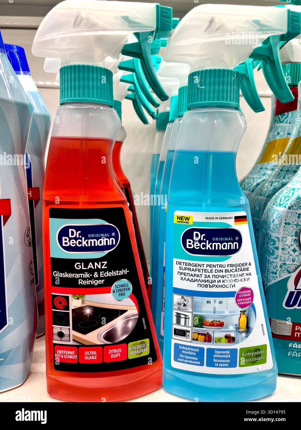 Dr. Beckmann kitchen cleaning products on store shelf – spray cleaners for household use - Smartphone Captured Stock Image